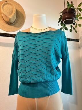 Y2K Missoni Vintage Teal Silk Knit Wide Neck Pullover Top Sweater Size Small